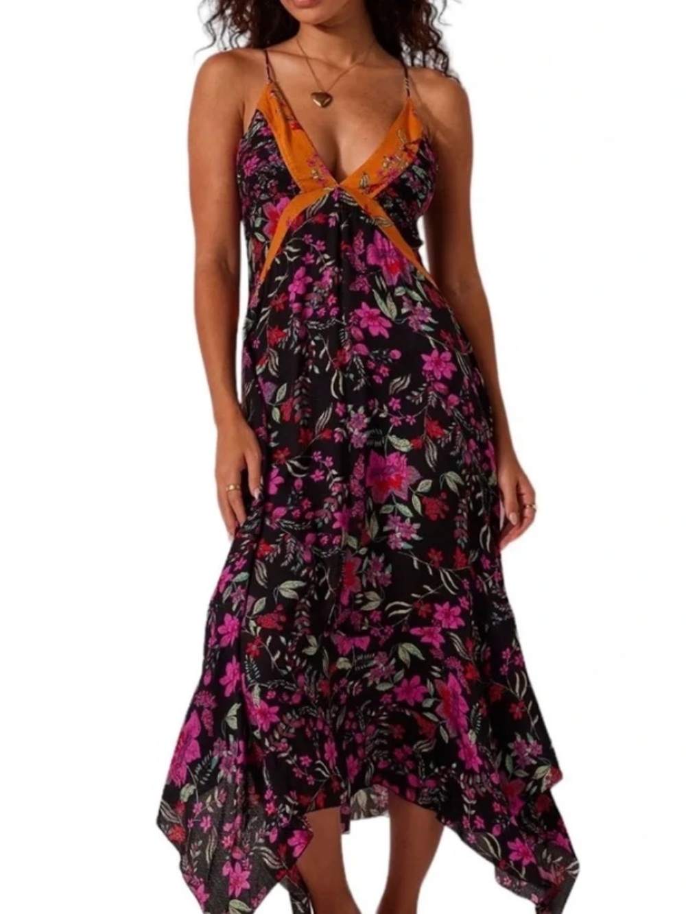 Free People Black Maxi Floral Slip Dress with Pink & Orange Trim Large